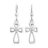 Silver Amor cross earrings with four heart shaped arms on hooked ear wires